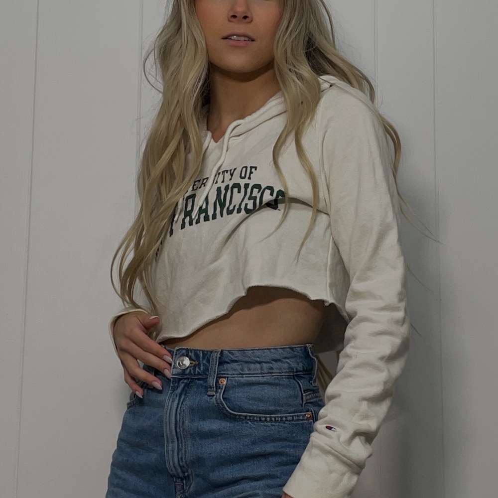 Champion | Cropped University of San Francisco Hoodie Dark Green Light Beige